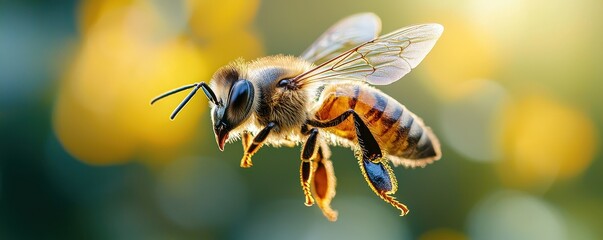Fototapeta premium World bee day with nature and sustainability idea. Bee flying among vibrant flowers in soft sunlight.