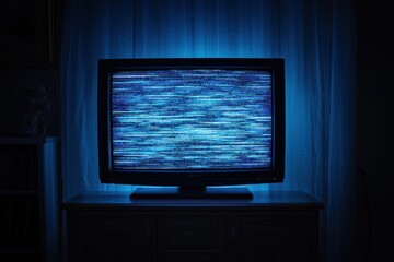 Fototapeta premium a retro television set displaying static in a dimly lit room. The screen is filled with white noise