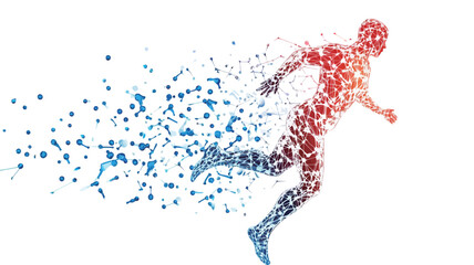 Fototapeta premium The image depicts a stylized, abstract silhouette of a running human figure against a white background. The figure is composed of fragmented, geometric shapes in shades of red, orange, and blue.