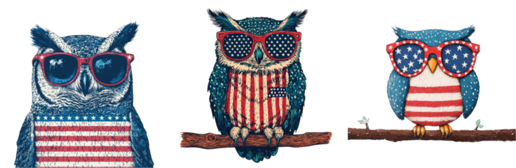 Colorful owls wearing sunglasses with American flag patterns, celebrating patriotism and fun. Perfect for festive occasions Independence day 4th of July, american USA