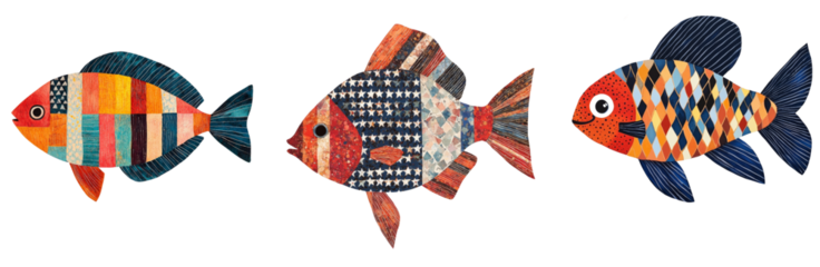 Colorful fish illustrations with unique patterns and designs, showcasing creativity and artistic expression Independence day 4th of July, american USA