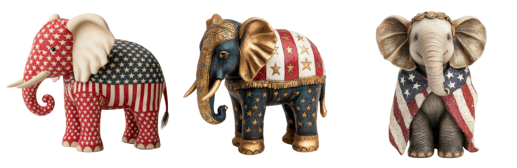 Decorative elephants in patriotic colors, showcasing red, white, and blue designs with stars and stripes, perfect for festive decor Independence day 4th of July, american USA