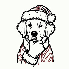 Fototapeta premium Golden Retriever Dog wearing Santa Claus costumes hand on chin curious vector graphic a heartwarming Christmas scene