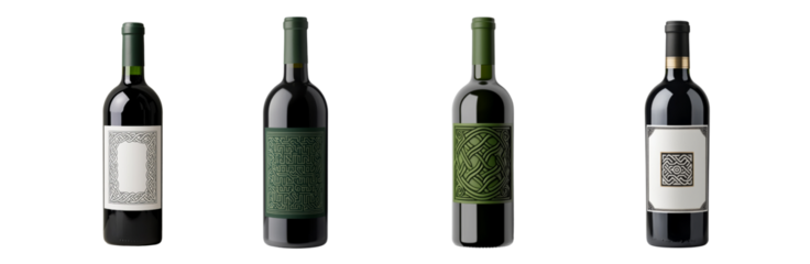Elegant wine bottles with intricate labels in various designs and colors. Perfect for showcasing premium beverages st patricks day leprechaun, clover leaves