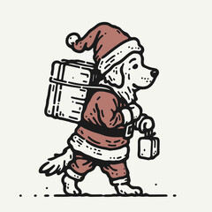 Fototapeta premium Golden Retriever Dog wearing Santa Claus costumes carrying a large object vector graphic simple minimalist silhouette for a joyful Christmas card design