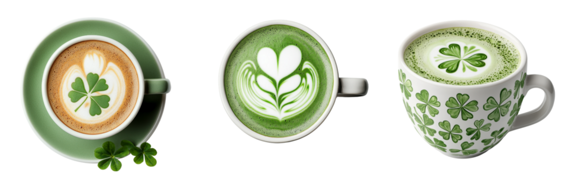 Delightful green beverages with clover designs in cups, perfect for celebrations st patricks day leprechaun, clover leaves