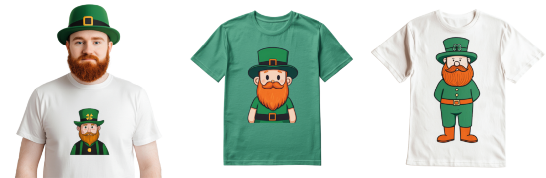 Lively leprechaun character with green hat and orange beard on t shirts st patricks day leprechaun, clover leaves