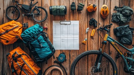 A flat lay of outdoor adventure gear, including backpacks, bikes, and tools, arranged on a wooden surface with a checklist.