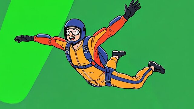 Thrilling Skydiving Adventure: A Cartoon Illustration of a Joyful Skydiver in Mid-Air