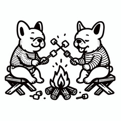 Fototapeta premium French Bulldog Couple roasting marshmallows vector silhouette—a cozy campfire scene featuring two adorable pups enjoying a sweet treat