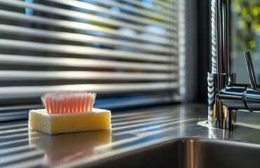 Kitchen sponge and brush on stainless steel countertop with blinds