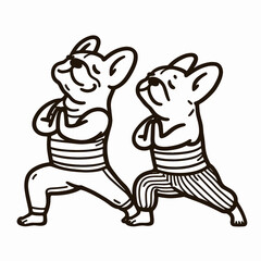Fototapeta premium French Bulldog Couple practicing yoga together vector silhouette create a peaceful mindful pet wellness mascot