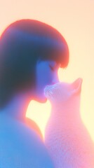 Serene portrait of a glowing woman with cat against a pastel light backdrop