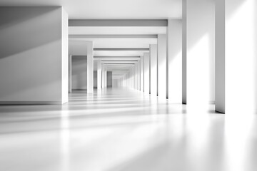 Obraz premium Minimalist white hallway with columns and bright light creating a clean architecture feel
