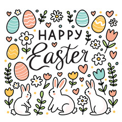 Happy Easter cute greeting card with text lettering and simple doodles of eggs, flowers, bunnies with black outline