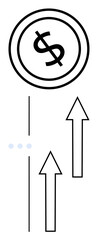 Dollar sign encircled above two upward-pointing arrows, representing financial growth, success, and progress. Ideal for business, finance, investment, increase success economy wealth. Flat simple