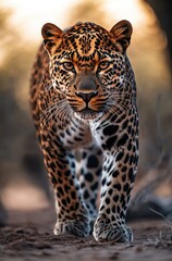 Obraz premium Majestic Leopard Stalking Through the Wilderness with Intense Gaze and Distinctive Coat Patterns in Natural Habitat at Golden Hour