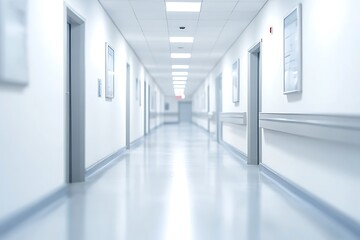 Long hospital hallway perspective with doors, handrails and lights providing clean modern look