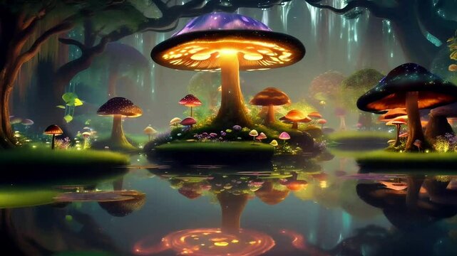 hidden mystical garden with massive glowing mushrooms