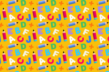 back to school letters  and pencils seamless pattern  on the isolated yellow background, autumn eve, back to school, cover, textile, fabric, packaging, clothing, wallpaper,  vector