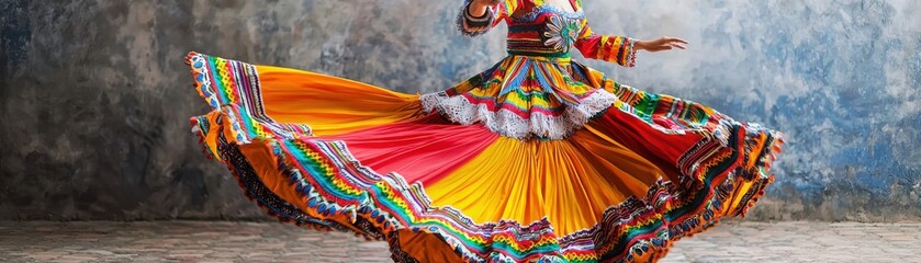 A vibrant dancer spins in a colorful traditional dress, showcasing rich cultural heritage against a textured backdrop.