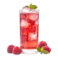 Sparkling Raspberry Soda in a Glass with Mint Garnish and Fresh Raspberries Isolated on a Transparent Background
