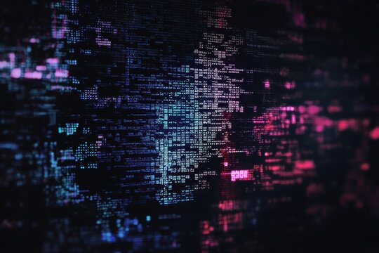 a close-up view of abstract digital code, with a cyberpunk aesthetic. The image is a tapestry of colorful text and data that evokes futuristic tech
