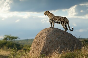 Majestic leopard standing on a rock with a backdrop of cloudy skies and savannah landscape, showcasing wildlife in its natural habitat