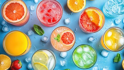 Refreshing Citrus Drinks: Iced Lemonade, Orange, Grapefruit, and Mint Beverages with Ice Cubes, Perfect for Summer