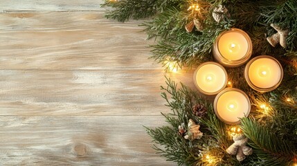 Four lit candles and evergreen decorate a rustic wooden surface