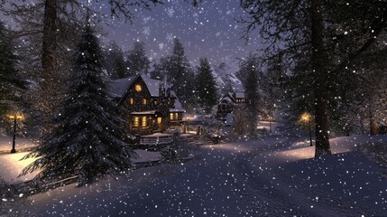 Fototapeta premium Winter Wonderland: A Snowy Night in a Cozy Village