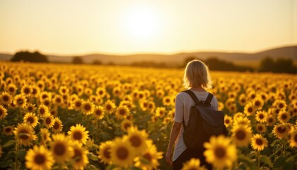 Fototapeta premium Woman Walking Through Vibrant Sunflower Field at Sunset in Rural Landscape