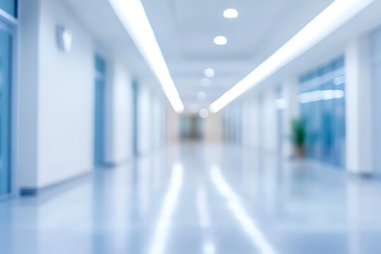 Blurred hospital hallway with bright lighting and shiny floor for medical background use