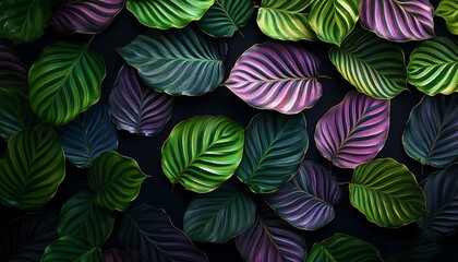 Fototapeta premium Close-up of Calathea Leaf Patterns Against Deep Black Backdrop - Macro Plant Background