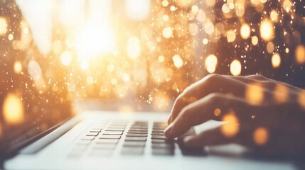 Fingers engaged on a laptop keyboard while warm sunlight filters through, creating a soft, glowing ambiance in the background