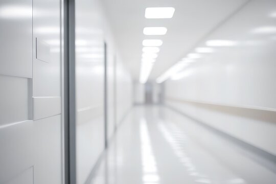 Clean modern hospital corridor with bright lighting and white walls for medical setting