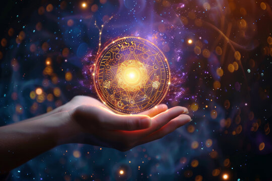 Person holding glowing zodiac wheel in hands hands surrounded by cosmic energy and starry lights. Concept of astrology, esoteric horoscope and future prediction