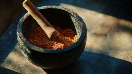 Ceramic mortar and pestle with spices in sunlit kitchen setting