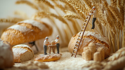 a tiny worker preparing bread with some of wheat at the back