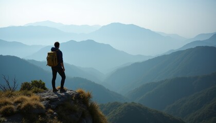Obraz premium Man Standing on Mountain Top Overlooking Serene Landscape with Blue Skies and Peaks