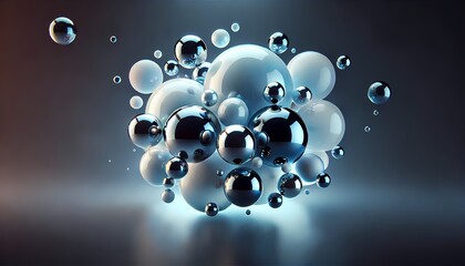 Floating luminous spheres with reflective surfaces on a smooth dark blue gradient, creating a futuristic and abstract background wallpaper