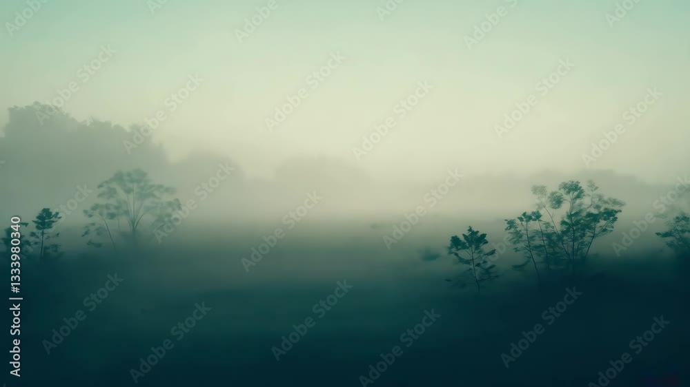 Poster A foggy field with trees in the background. The trees are tall and green. The sky is cloudy and the ground is wet