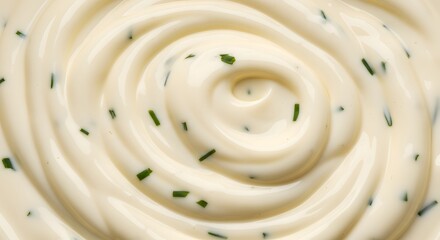 Creamy swirled mayonnaise with fresh chives delicious food texture background dip egg oil herb rich