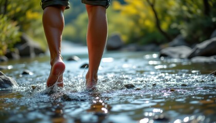 Person Walking Barefoot Through Shallow Stream Surrounded by Lush Greenery and Rocks