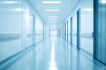 Long empty hospital corridor with doors and lights. Healthcare interior design concept