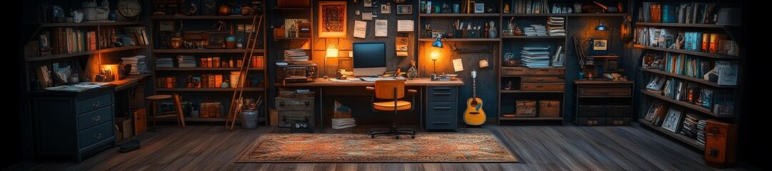 A cozy and maximalist home office full of antique furniture and decorative items. Generative AI