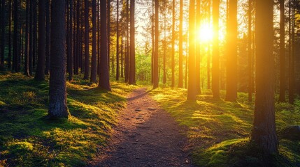 Fototapeta premium Serene Forest Path with Sunlight Streaming Through Trees