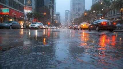Rainy City Street at Night with Traffic and Reflections