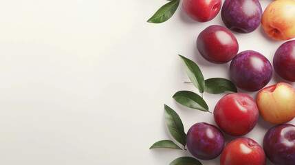 Colorful arrangement of plums and peaches on white background for natural decor