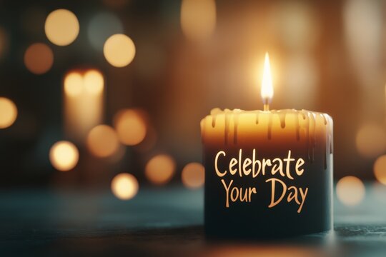 A gothic birthday postcard featuring a dark castle with glowing windows, a single lit candle casting eerie shadows, and "Celebrate Your Day" written in ornate script
